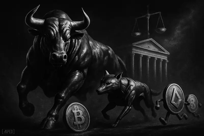 A muscular bull leads a grayscale crypto market charge, flanked by AI-inspired creatures and policy symbols against a dark data-grid backdrop.