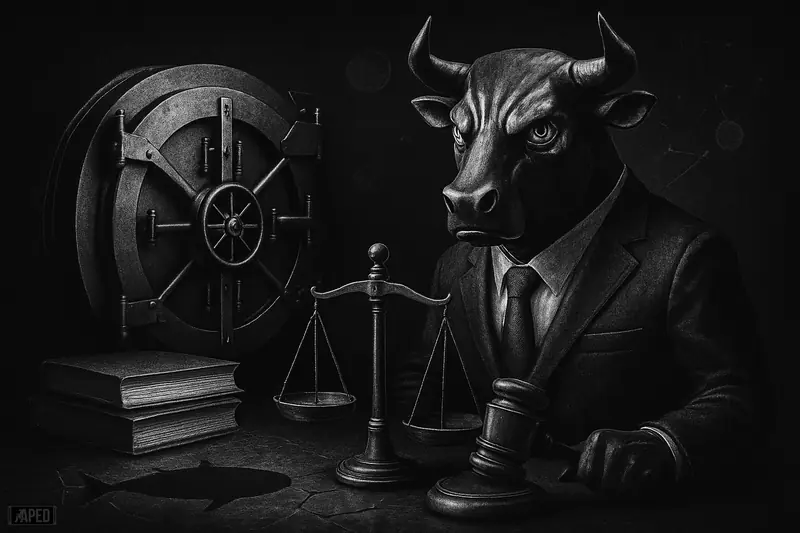 A tense marble bull banker guards a vault beside scales and a gavel in a dark grayscale financial scene.