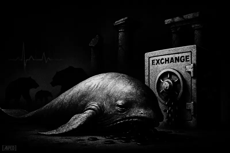 A weary whale slumps beside a vault as shadowy bears and cracked bank columns loom in a dark grayscale financial scene.