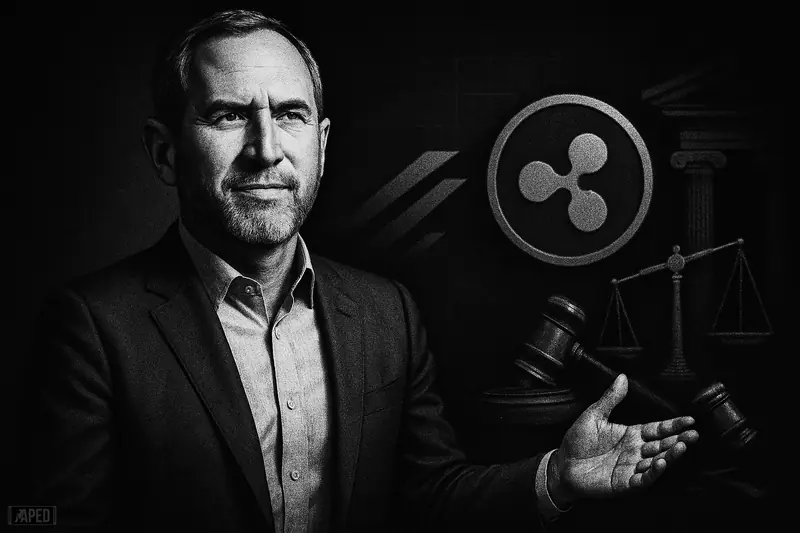 Brad Garlinghouse stands confidently in a dark suit before courthouse symbols and ripple-like financial motifs in a moody grayscale scene.