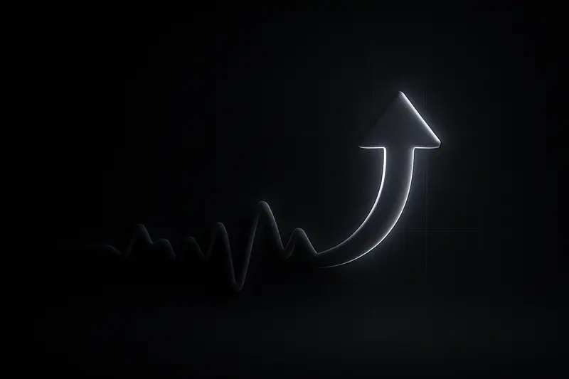 Neon green seismograph waveform transforms into an upward arrow over a dark grid, with scattered glowing coin-like orbs.