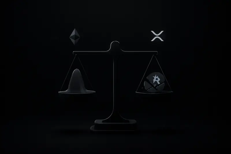 Neon balance scale on a black background, one pan draped in a translucent veil, the other holding a cracked glowing coin.