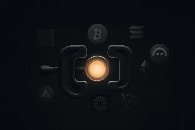 A luminous coin held in a dark metallic vice, with faint data streams and gridlines on a black background.