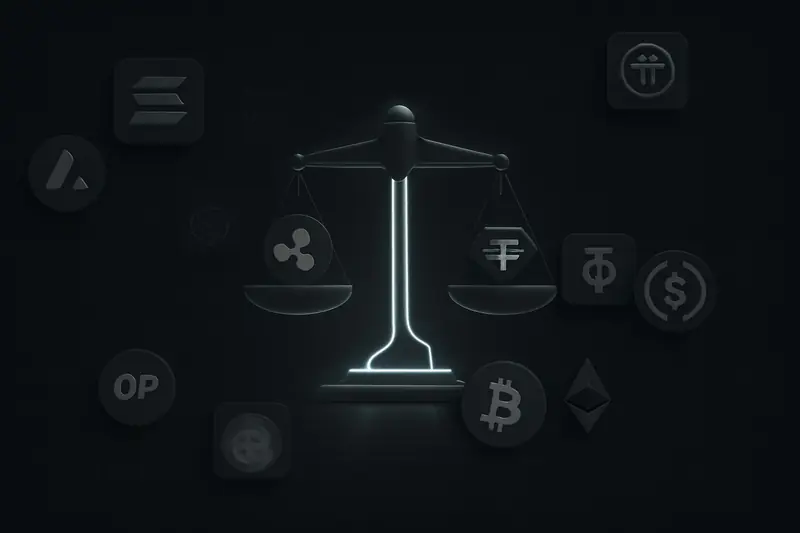 Glowing blue liquid-like circuit streams flow into a minimalist balance scale above a dark grid with faint data particles.