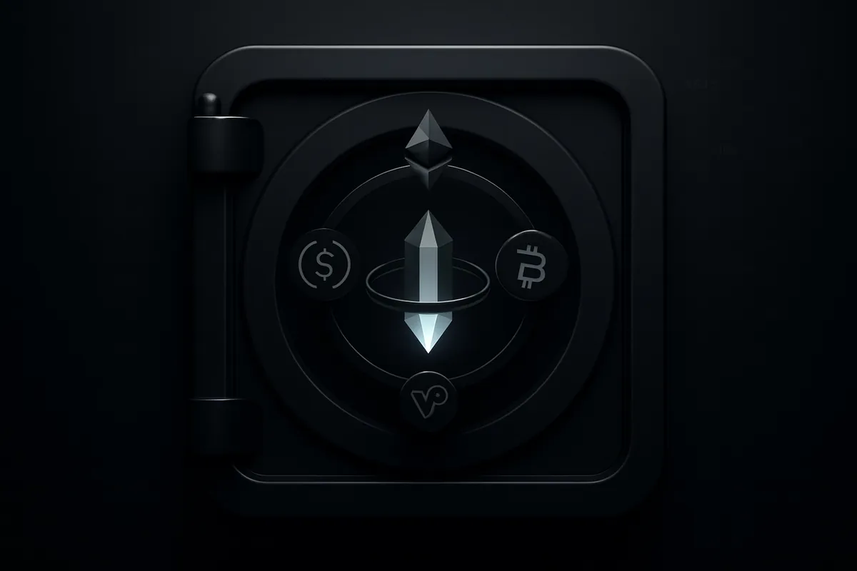 A luminous faceted crystal floating in a dark vault, encircled by thin glowing rings and faint grid lines on black.