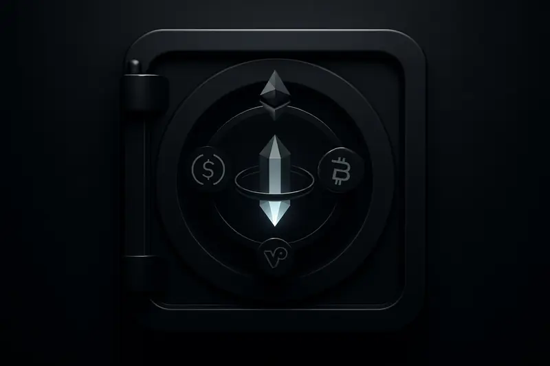 A luminous faceted crystal floating in a dark vault, encircled by thin glowing rings and faint grid lines on black.