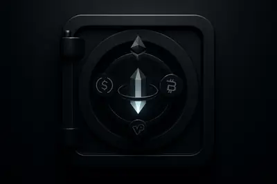 A luminous faceted crystal floating in a dark vault, encircled by thin glowing rings and faint grid lines on black.