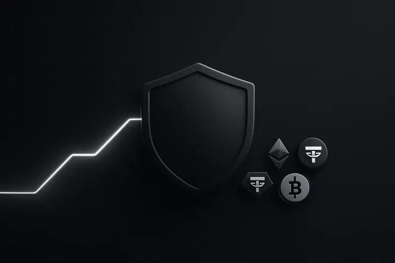 Glowing jagged chart line hovers over a dark grid, braced against a matte black shield with faint red sparks behind.