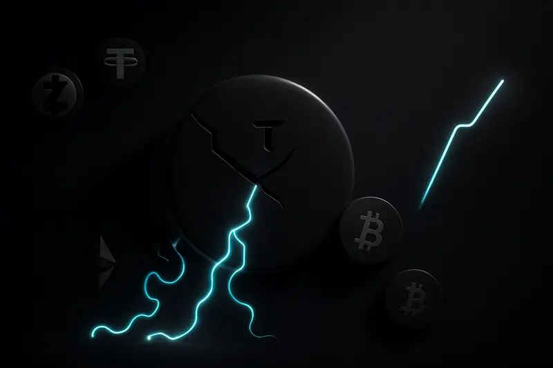 Matte-black vault split open, neon blue-gold energy streams spilling out, with a sharp upward circuit-like spike on dark background.