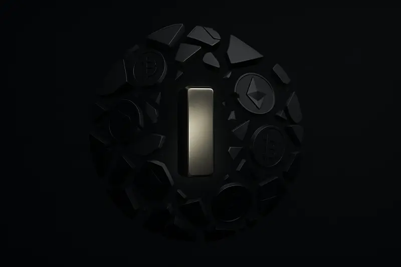 Shattered metallic coin fragments orbit a glowing gold bar, with faint chart lines and warning triangles on a black background.