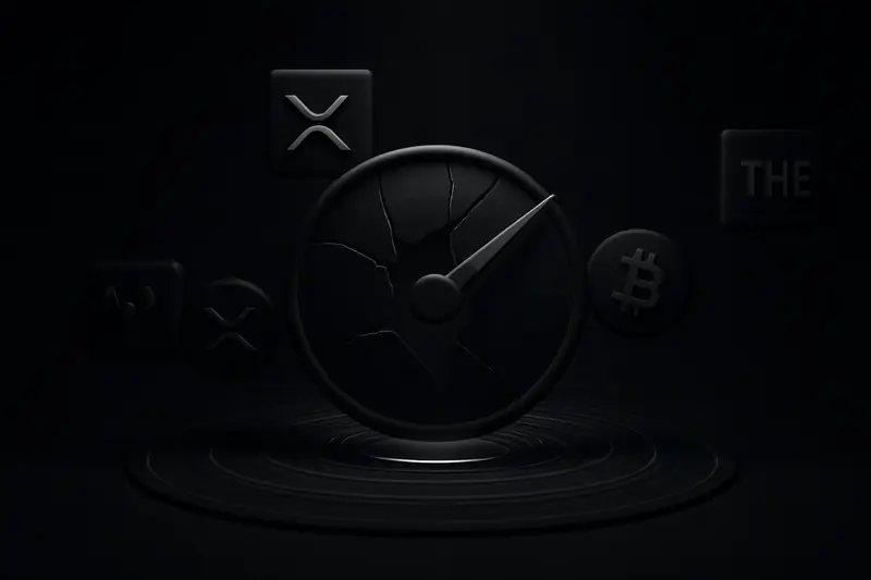 A cracked circular sentiment gauge with a bright needle swings above a glowing vortex spiral on a dark background