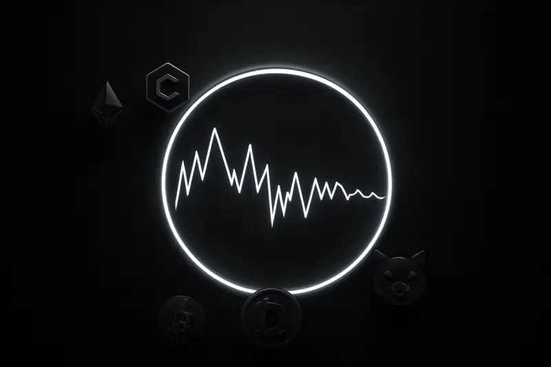 Jagged green price waveform flickers inside a circular neon boundary, with faint option-chain lattice lines on a black background.