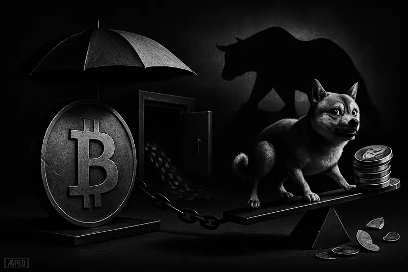 A dark grayscale trading desk shows a dented bitcoin coin under an umbrella hedge, a strained Shiba Inu, and depegging tokens sliding away.