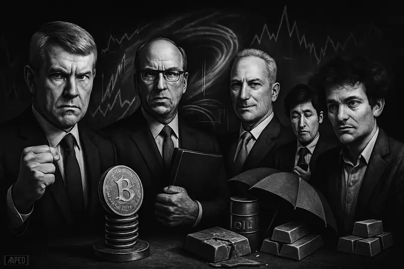 Five finance figures as realistic caricatures around a coiled crypto disc, melting bullion, hedge umbrella, and dark data-grid backdrop.