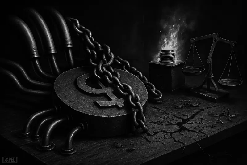 A massive metal anchor disk fed by pipes, dry cracked channels, a burning furnace, and a broken balance scale on a dark data-grid backdrop.
