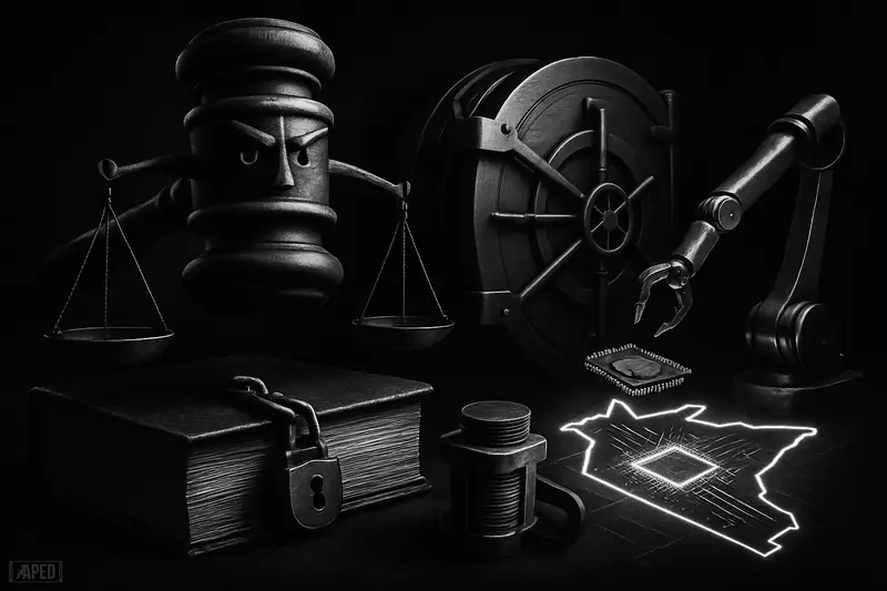 A moody black-and-white scene of a gavel and scales towering over clamped coins, a locked ledger, a vault door, and a robotic arm.