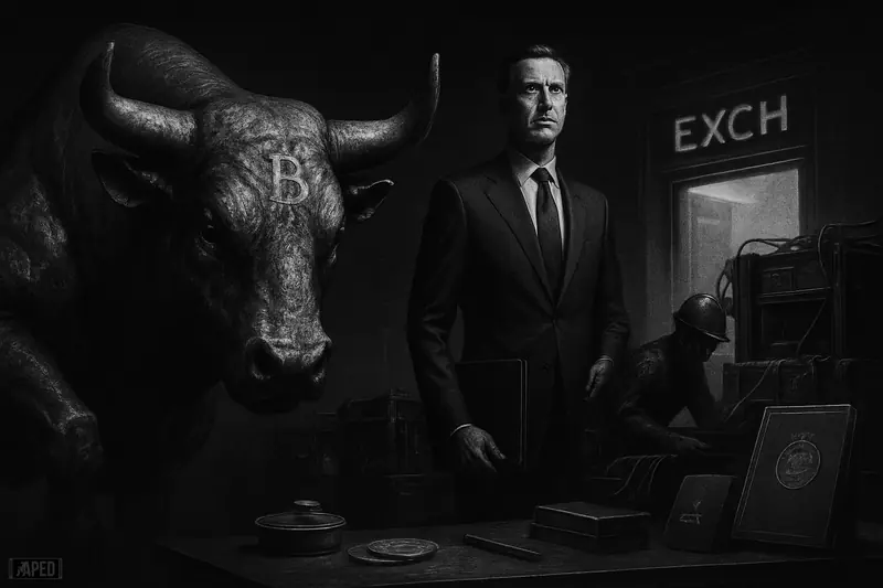 A battered metallic bull faces strained mining machines and a suited banker in a dark grayscale financial scene with institutional Bitcoin tension.