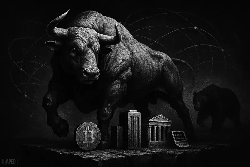 A muscular bull holds a fractured ledge while a shadowy bear prowls nearby amid institutional trading props and faint blockchain data lines.
