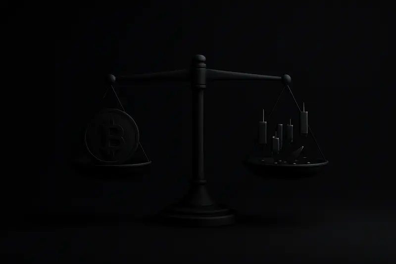 A dark balance scale holding a glowing coin on one side and broken red candlestick fragments on the other, on black.