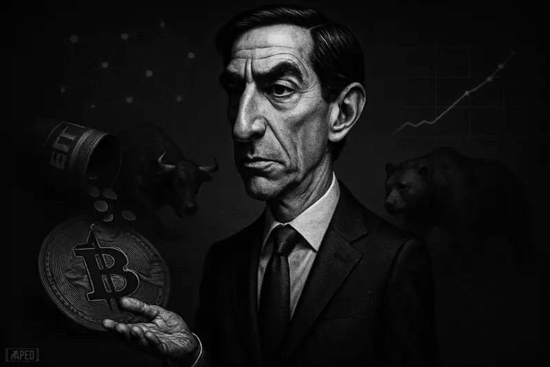 Kevin Warsh stands sternly amid bearish market symbols, leaking fund imagery, and abstract crypto network elements in a dark grayscale scene.