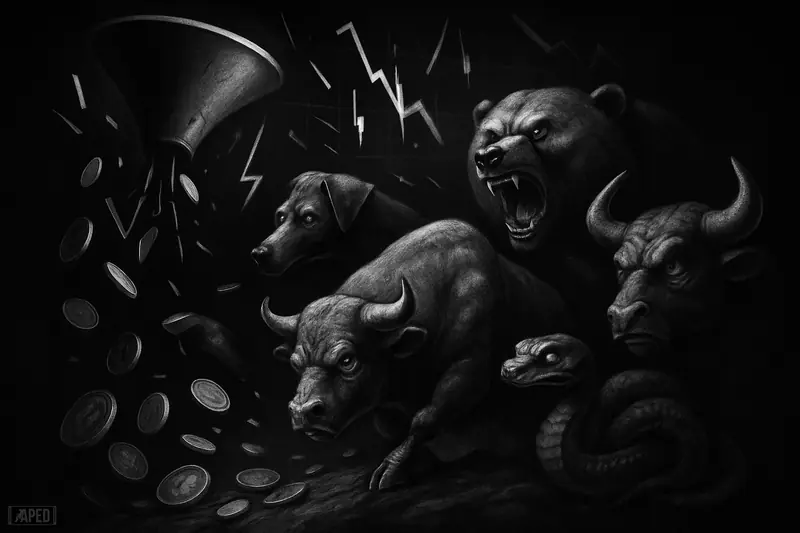 Five stressed symbolic market creatures struggle in a dark grayscale financial storm as coins drain away and bearish pressure closes in.