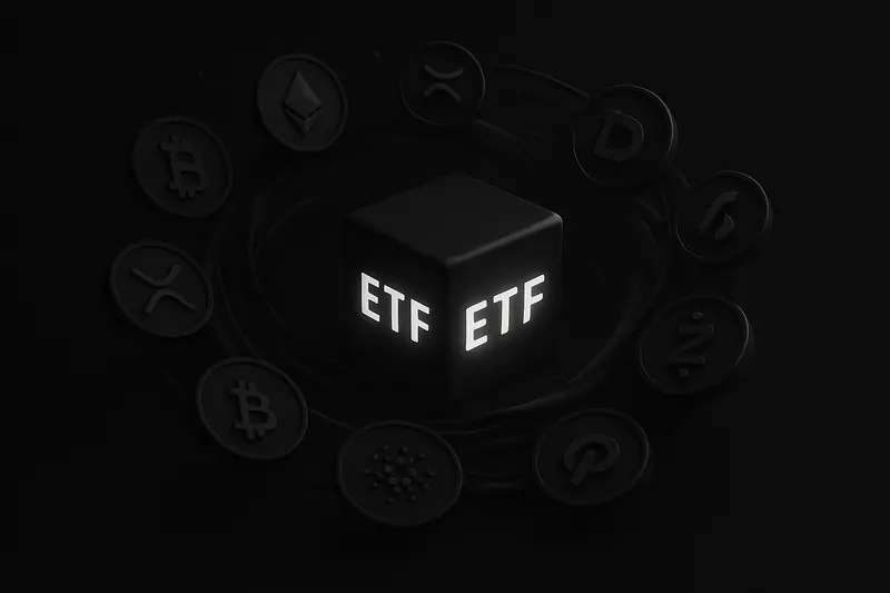 A luminous glass cube emits steady blue light, calming a vortex of fragmented coin-like shards on a black background.