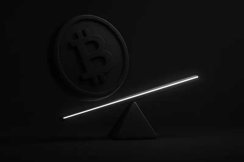 Glowing golden coin hovering above a dark balance beam, with faint chain links and small sparks on a black background.