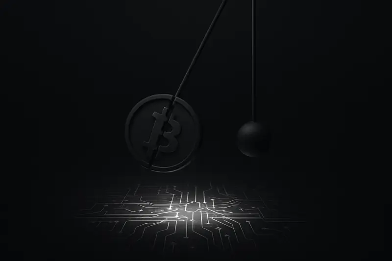 Cracked metallic pendulum hovering above a glowing circuit-grid floor with jagged neon waves on a black background