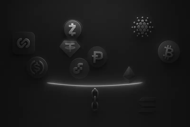 A neon tightrope stretches over a dark void, with glowing coins and chain links balancing on it against a black background.
