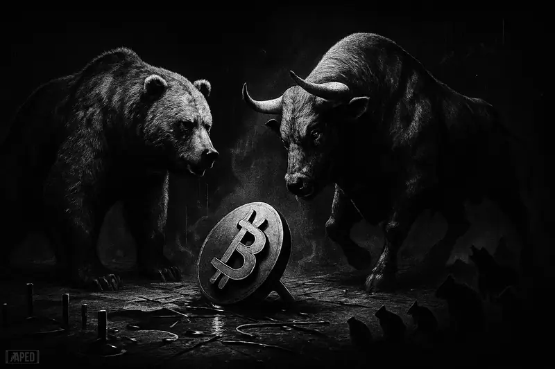 A grayscale bull and bear face off over a sinking bitcoin symbol as smaller creatures cower in a dark, data-grid trading scene.