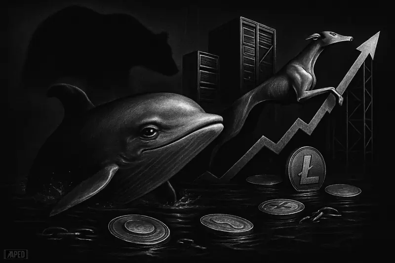 A metallic whale erupts from a dark sea beside a rising hound, with server towers and a looming bearish shadow behind them.