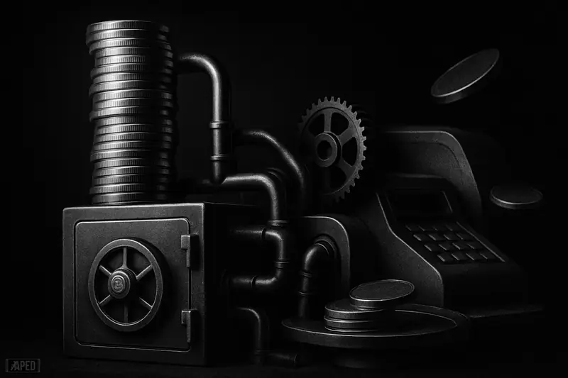 A monochrome cinematic scene of a futuristic treasury machine processing metallic payment discs into secure vault-like infrastructure.