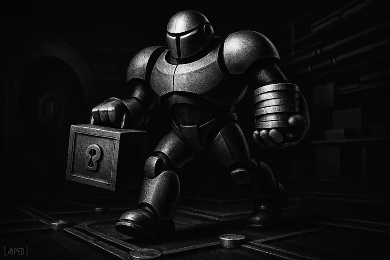 A grayscale mechanical courier carries payment assets through a dark vault-like data chamber with transaction rails and funding-themed infrastructure.