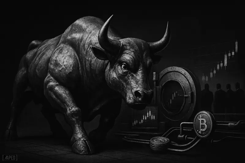 A defiant metallic bull stands firm on a dark trading floor as institutional finance elements and tense traders loom behind.