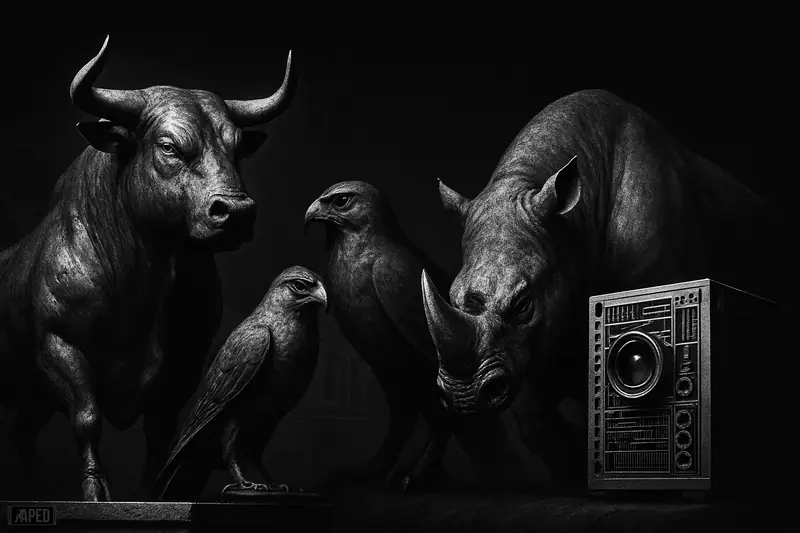 A steel-like bull stands firm beside a falcon, rhino, and futuristic machine in a dark grayscale finance scene.
