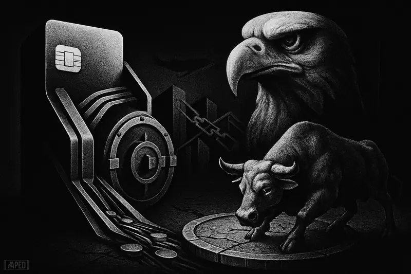 A metallic payment rail feeds a crypto vault as a looming central-bank eagle shadows a stumbling bull in a dark grayscale market scene.