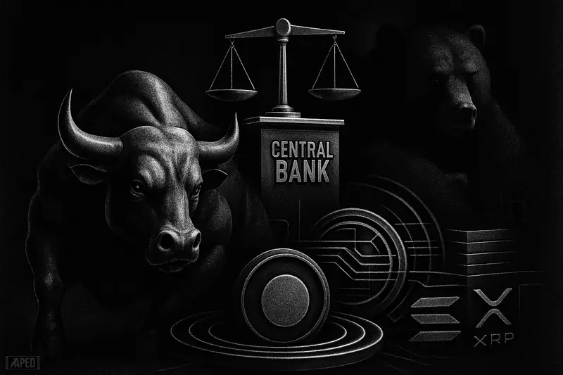 A grayscale bull and bear confront each other beneath central-bank symbols, surrounded by payment rails and blockchain structures in a dark cinematic scene.