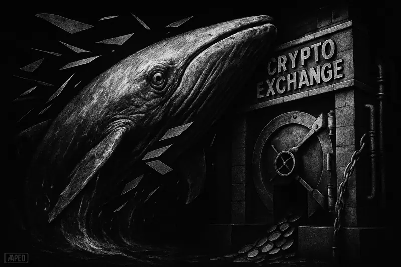 A panicked giant whale surges toward a dark exchange fortress, spilling assets into industrial machinery under stark grayscale cinematic lighting.