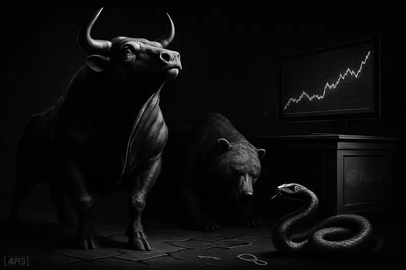 A grayscale bull rises from a dark trading floor as a weakened bear slumps nearby and a sleek serpent suggests Solana’s rebound.