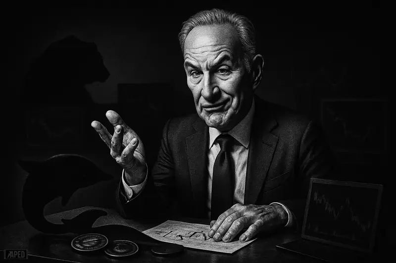 Peter Schiff in a dramatic grayscale caricature, criticizing a gloomy crypto market as a shadowy whale and bearish trading elements surround him.