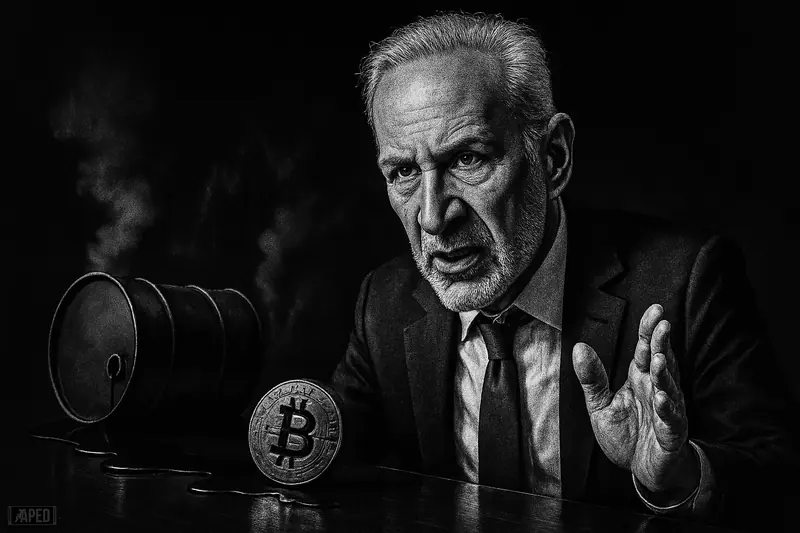 Peter Schiff caricatured in a dark suit over a trading desk, with oil barrel, shadowed bitcoin, and smoky geopolitical tension behind him.
