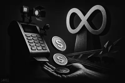 A dark grayscale payment-machine scene with creator studio props, blockchain rails, and faint bull-bear shadows under a looming corporate monument.