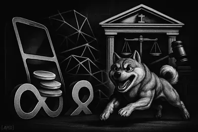 A grayscale Shiba Inu bursts past a payment machine as dark regulatory symbols loom behind in a moody crypto market scene.
