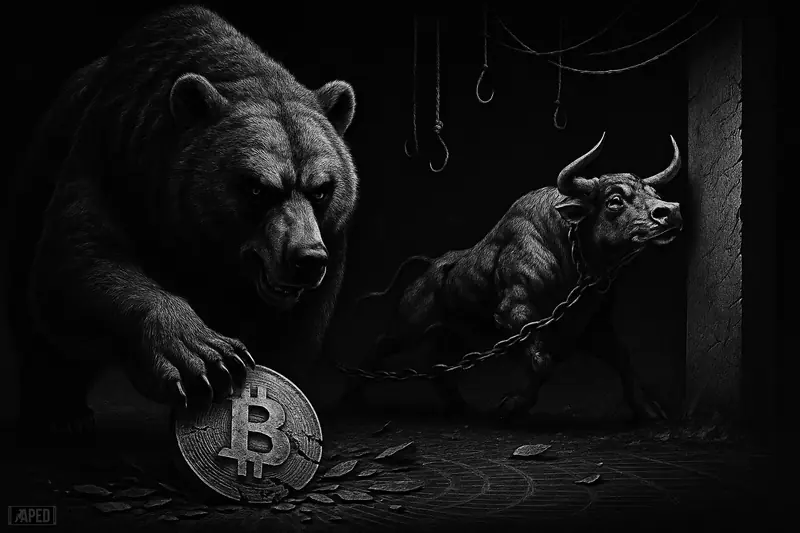 A giant bear forces a bitcoin token backward as a chained bull struggles below a dark grid, symbolizing failed resistance and bearish futures pressure.