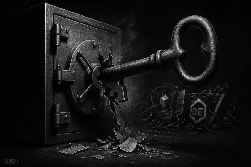 A cracked vault and oversized key dominate a dark grayscale scene of broken DeFi machinery and scattered digital debris.
