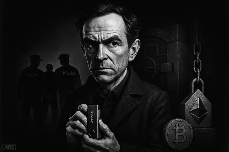 David Balland stands grimly in a dark scene as police detain a suspect behind him amid security and crypto-themed elements.