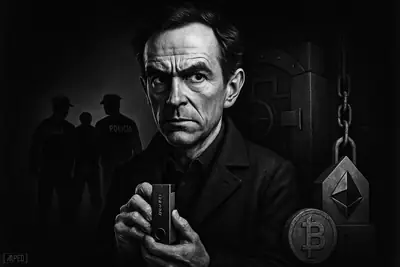 David Balland stands grimly in a dark scene as police detain a suspect behind him amid security and crypto-themed elements.