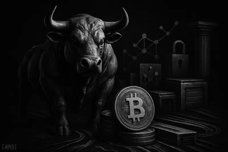 A grayscale bull stands solid amid flowing metallic rails, token streams, and shadowy financial structures on a dark data-grid background.