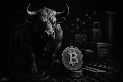 A grayscale bull stands solid amid flowing metallic rails, token streams, and shadowy financial structures on a dark data-grid background.
