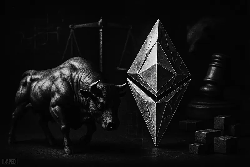 A tense metallic bull beside a crystalline Ethereum monolith, with shadowy regulatory scales and a gavel against a dark data-grid background.